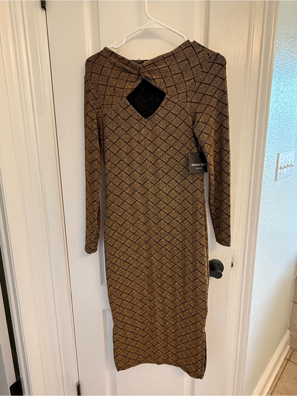 Metallic Gold Knit Midi Dress with Long Sleeves